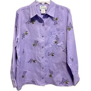 The Quacker Factory Purple Floral Embroidered 100% Ramie Long Sleeve Size M